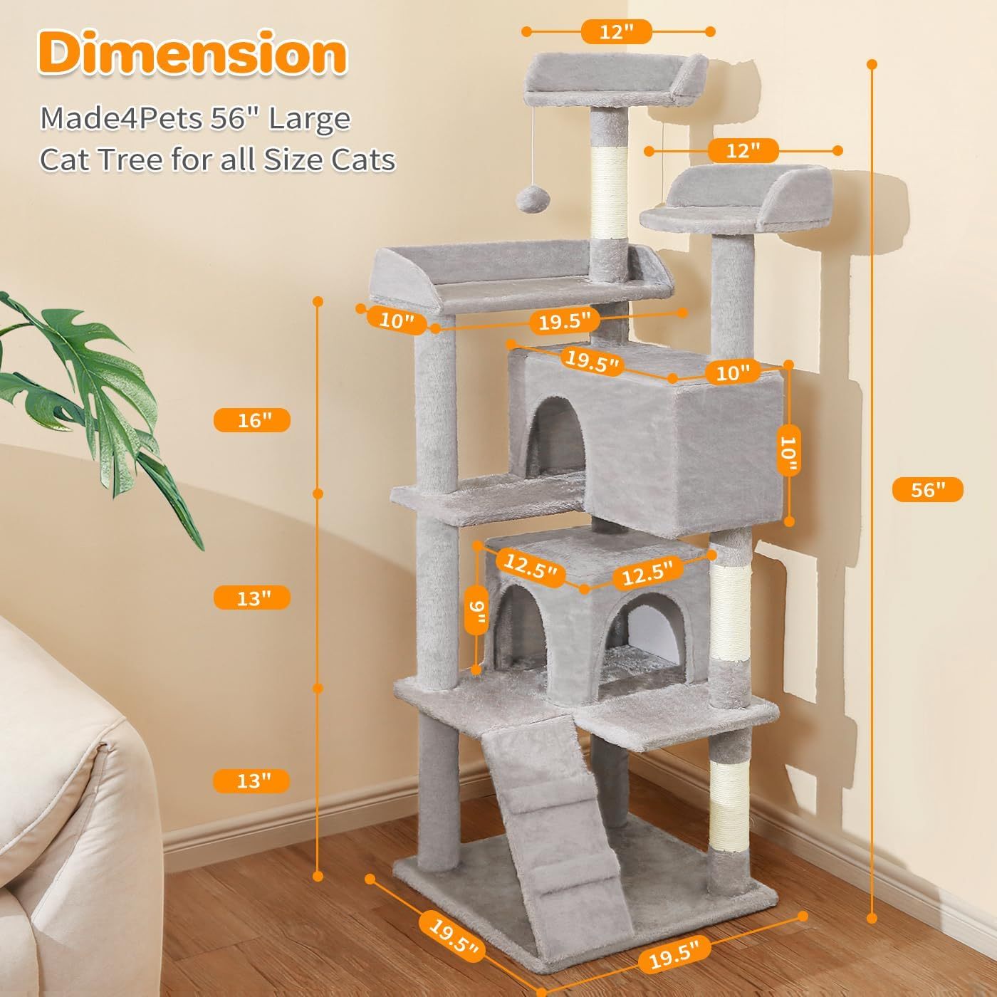 56-Inch Multi-Level Cat Tree with Scratching Posts