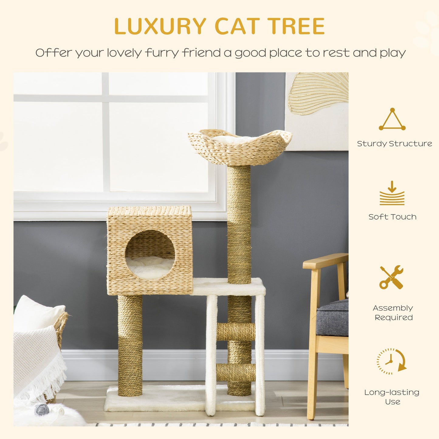 Natural Rattan Cat Tree with Hideaway & Platforms