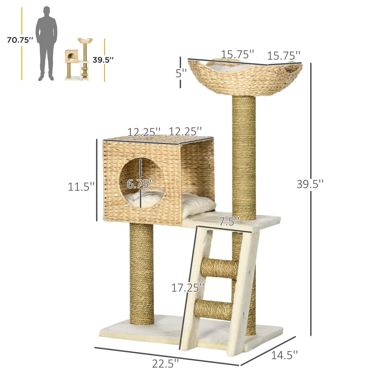 Natural Rattan Cat Tree with Hideaway & Platforms
