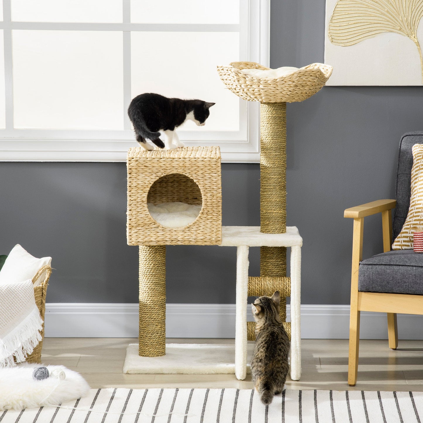 Natural Rattan Cat Tree with Hideaway & Platforms