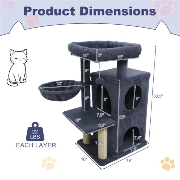 Compact 33.5" Cat Tree with 2-Tier Condo & Hammock