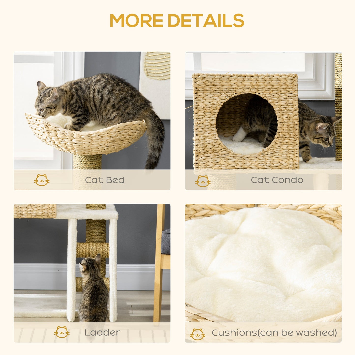Natural Rattan Cat Tree with Hideaway & Platforms